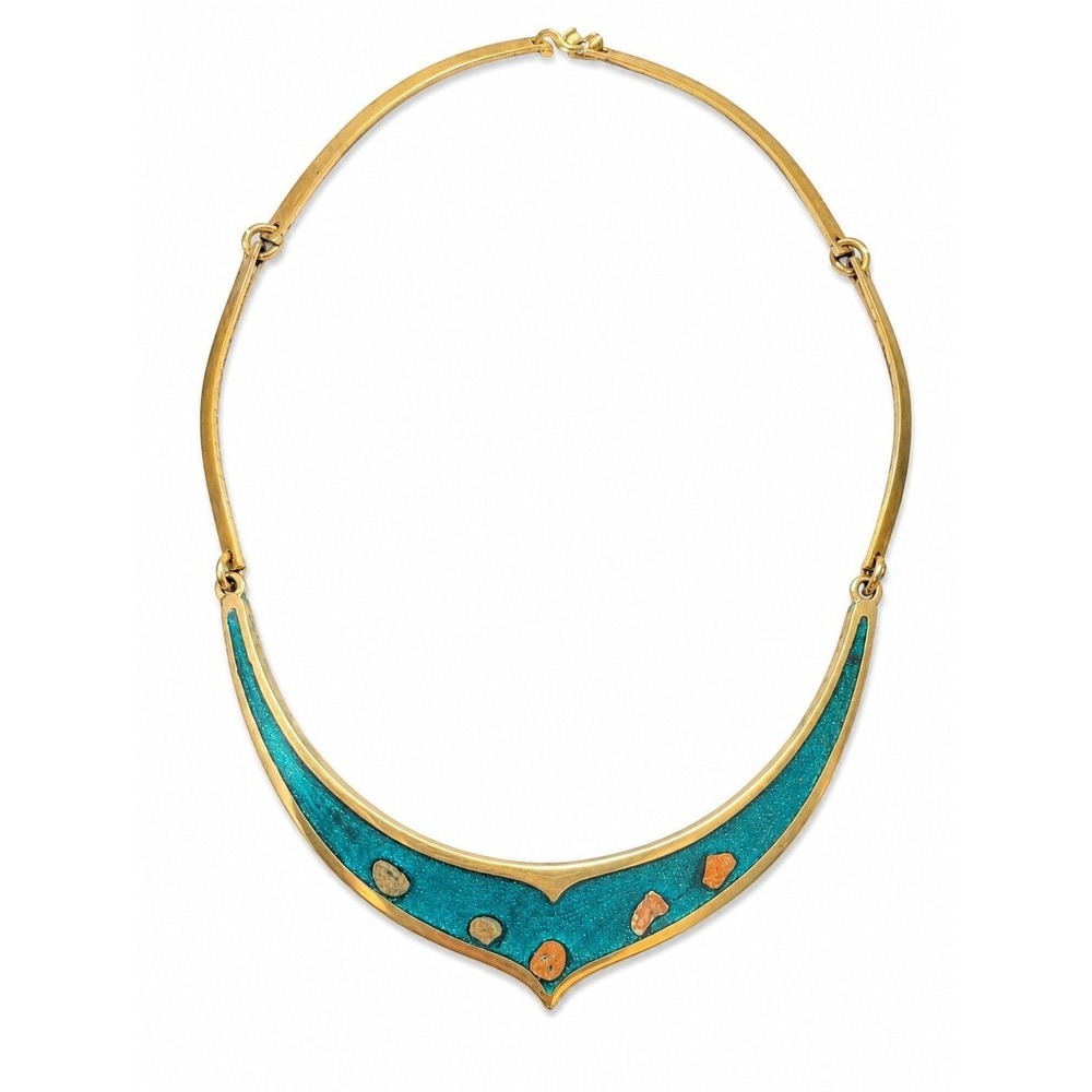 Vintage Brass Greece Choker Necklace Turquoise Enamel Jasper Gemstone Inlay 14"